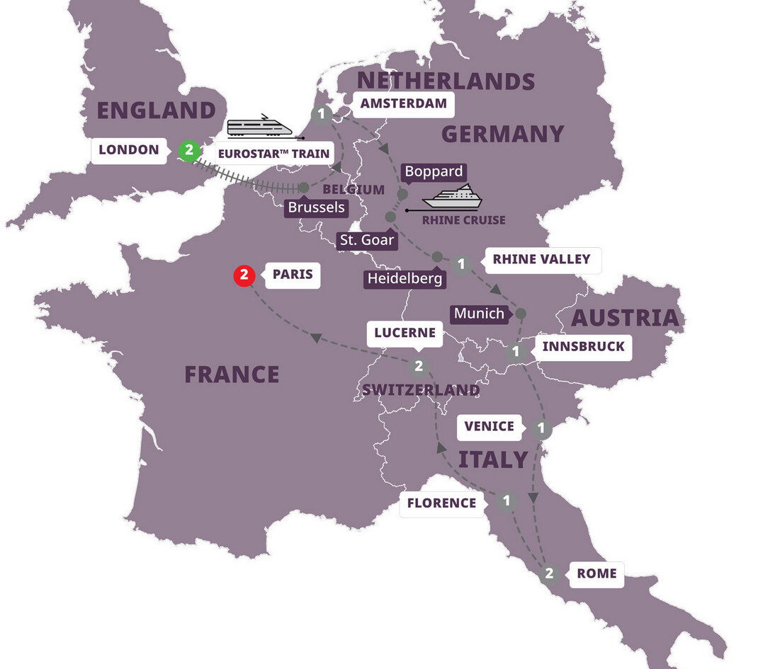 European Whirl route map with bold city labels and numbered stops across nine European countries